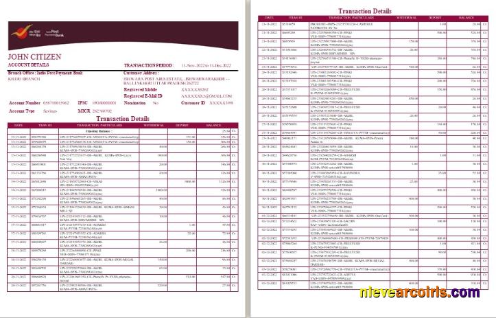 India Post Payments Bank statement, Word and PDF format, 4 pages